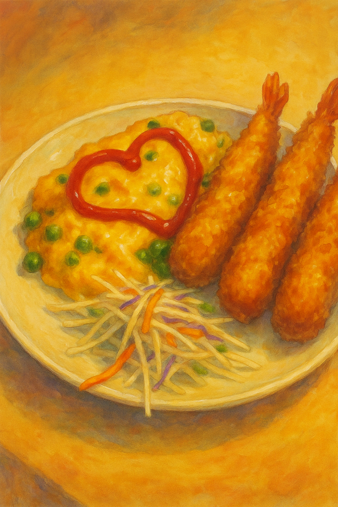 オムレツとエビフライ