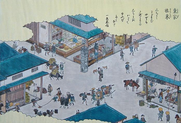 江戸時代の書物『紀伊名所図会』に描かれた「東家の往来」に彩色したもの